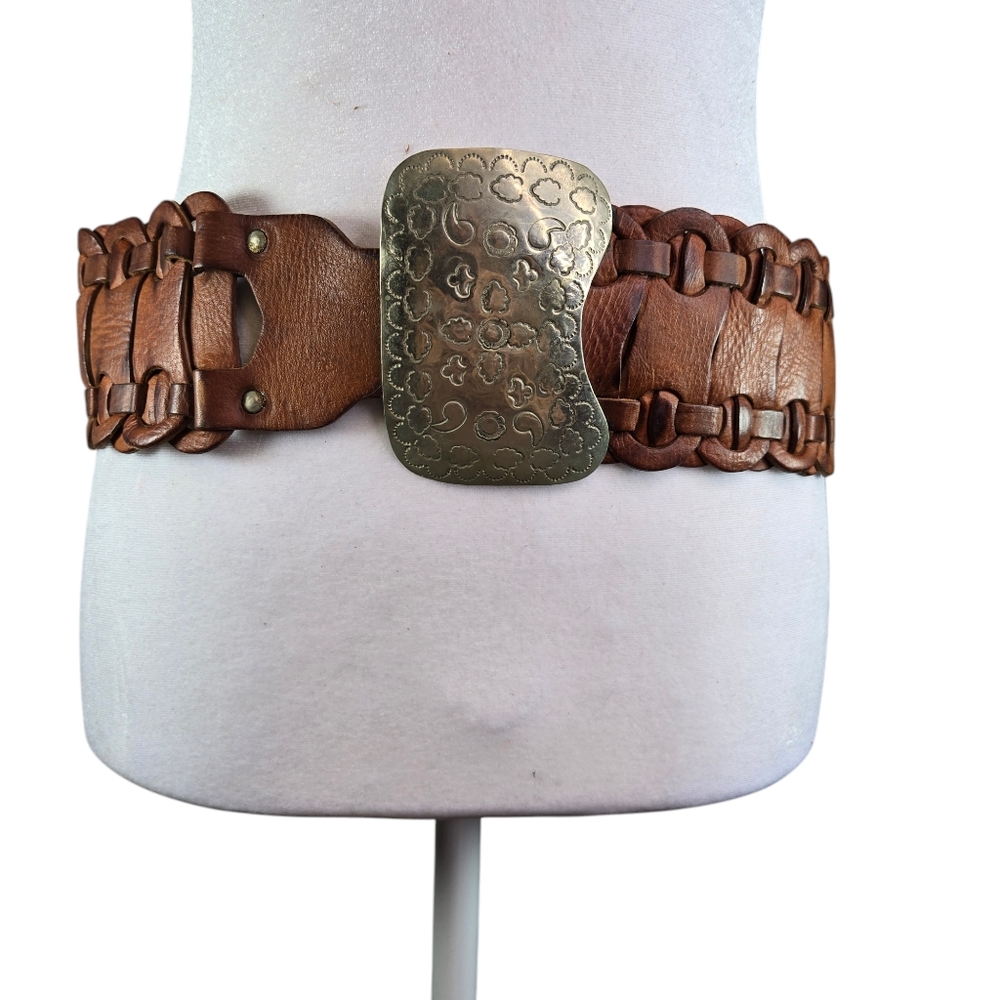 Vtg large woven brown leather metal boho hippie belt Moroccan